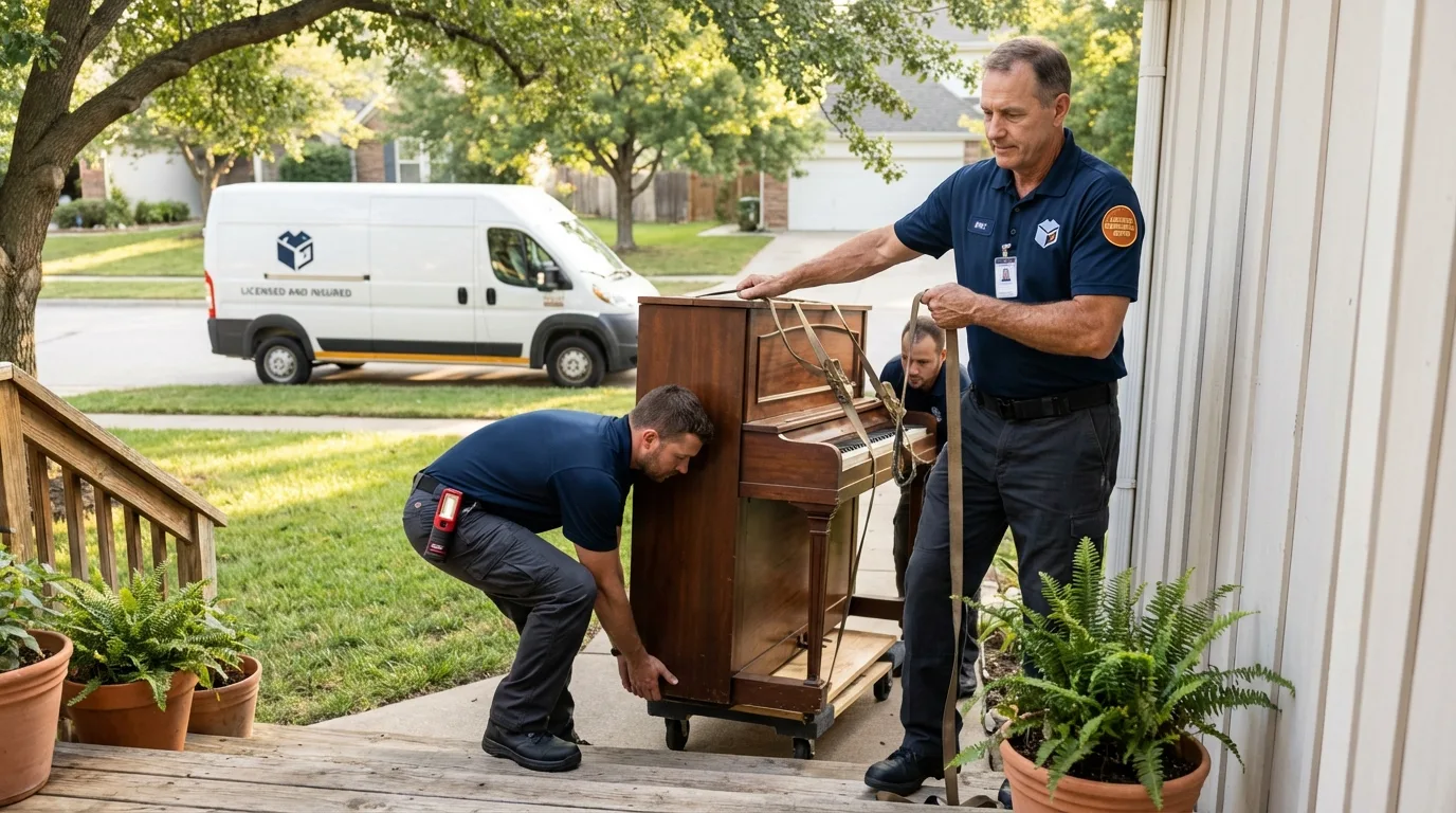Licensed piano movers securing grand piano in Leavenworth, KS
