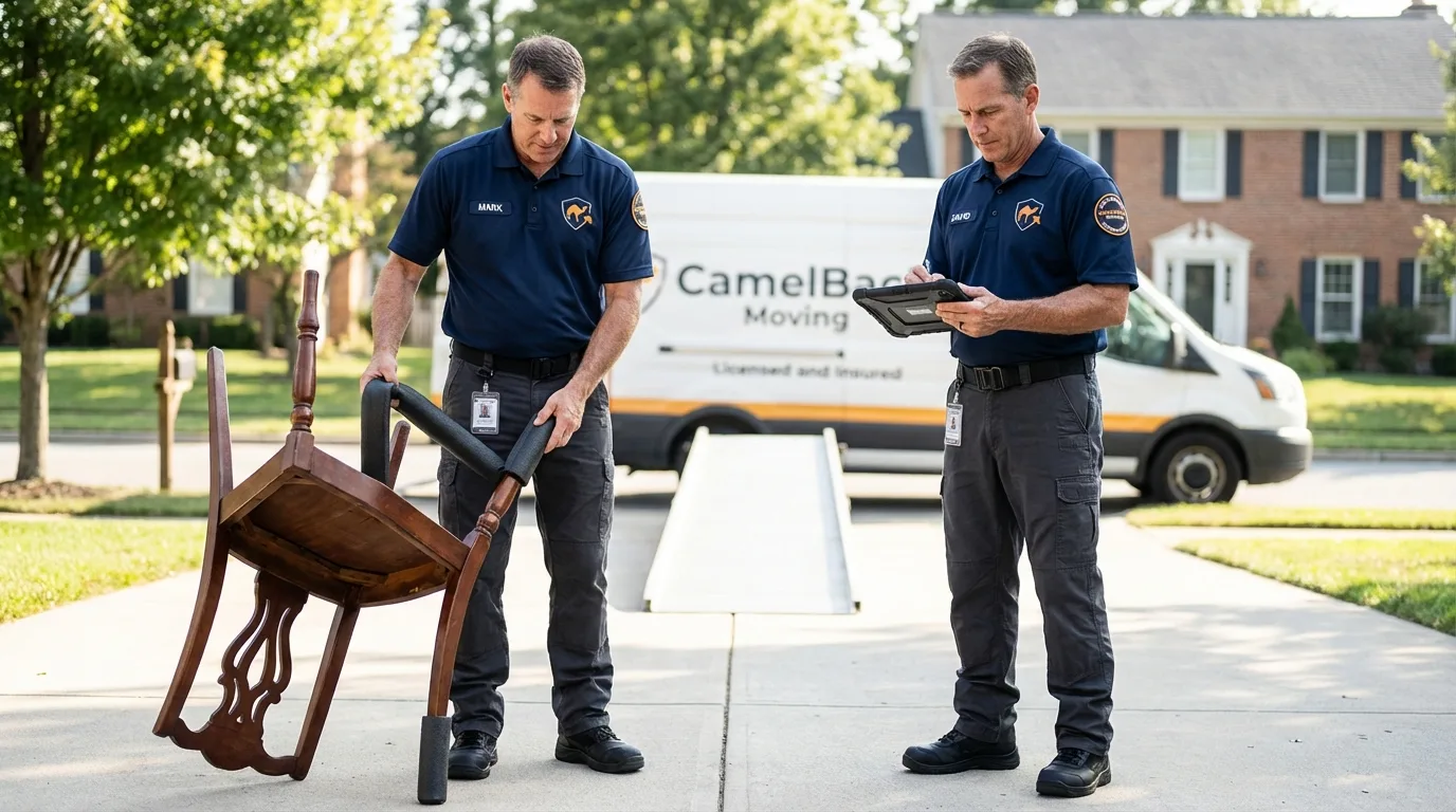 Movers inspecting furniture for damage prevention before loading in Leavenworth, KS