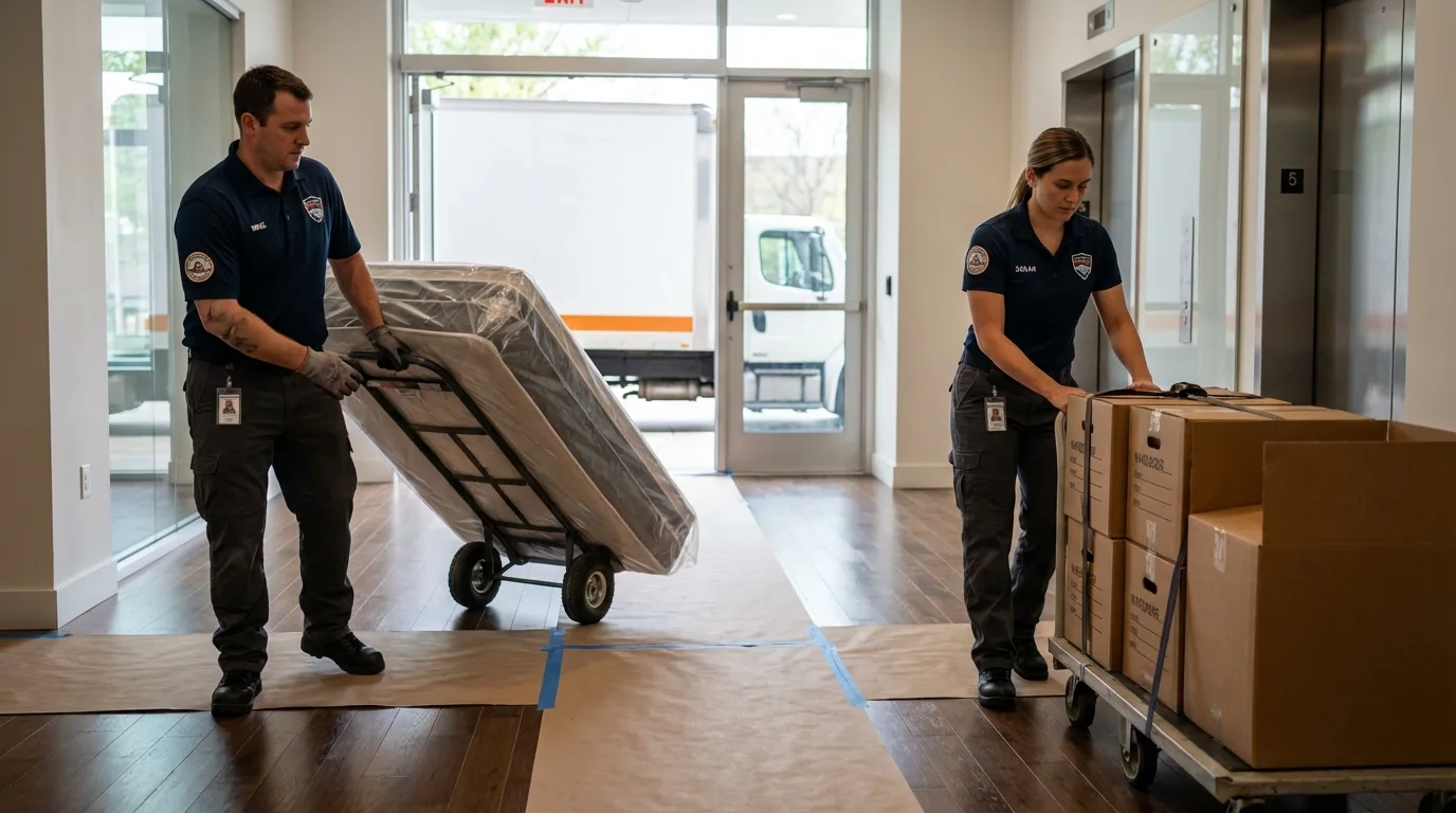 Professional apartment movers loading elevator in Leavenworth, KS