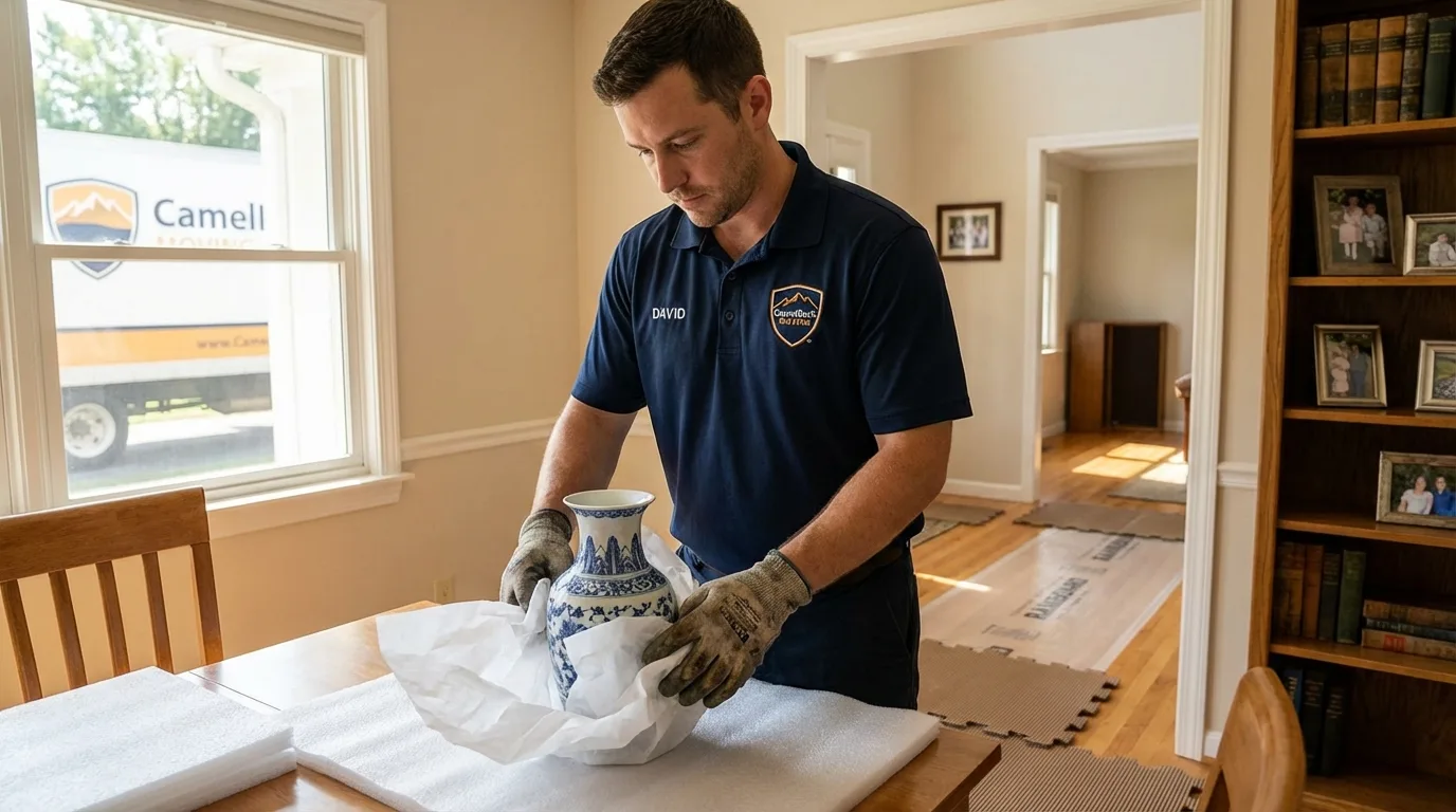 Professional crew carefully wrapping antique vase for senior downsizing move in Leavenworth, KS